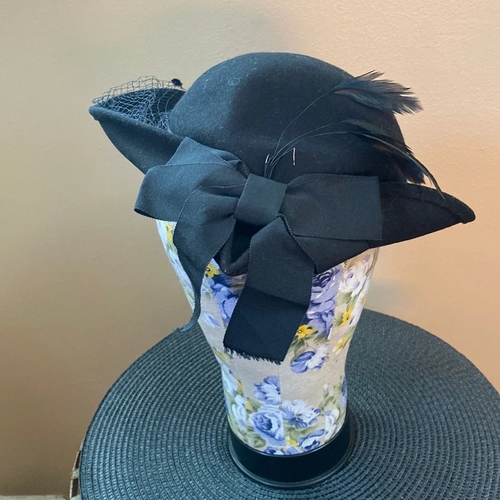 VTG Black Wool Victorian Hat Birdcage Dot Veil Bow - Picture 8 of 14